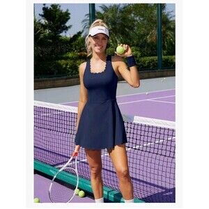 NWT Attraco Tennis Pickleball Golf Dress Navy Blue Racerback Scallop Hem XS